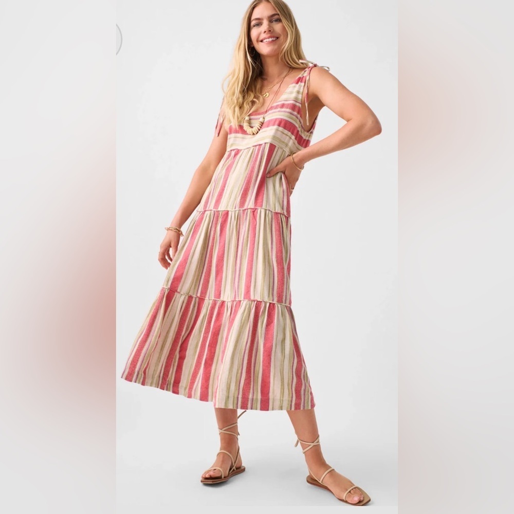 Faherty Lanai Linen Dress Tiered Striped Tie Strap M